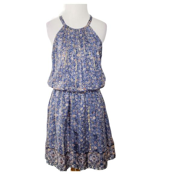 Joie Makana D Metallic Silk Dress Floral Halter Periwinkle Women Small - Picture 2 of 12